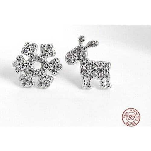 LKO Luxury Zircon Crystal Ornaments 925 Sterling Silver Snowflake Elk Asymmetry Stud Earrings For Women Fashion Ear Jewelry