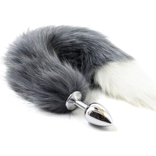 Stainless Steel Metal Butt Plug,Gray Fox Tail Anal Plug,Erotic Anal Beads Sex Toys For Women, Adult Game Sex Products for couple