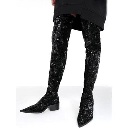 Moraima Snc Bling Bling Glitter Embellished Woman Boots Sexy Pointed Toe Flat Shoes Over the Knee Boots Stretch Fabric Shoes