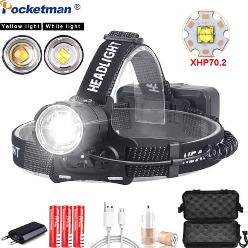 Powerful Headlight XHP70.2 LED Headlamp USB Rechargeable Head Lamp Zoom Waterproof Head Light of White Yellow Lighting by 18650