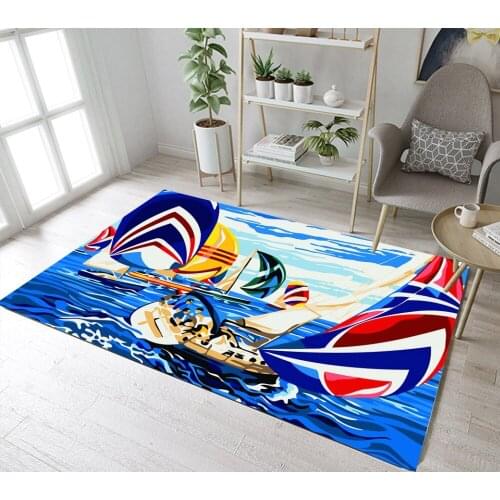 Cartoon Sailboat In Blue Sea Indoor Childrens Room Floor Area Mat Dining Room Cushion Bathroom Carpets Home Office Non-Slip Rug