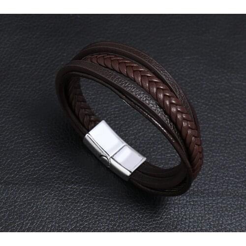Modyle Men Multilayer Leather Bangles Magnetic-clasp Cowhide Braided Multi Layer Wrap Trendy Bracelet for Men