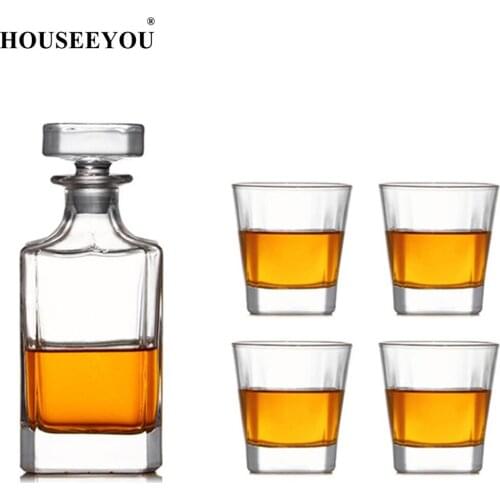 HOUSEEYOU European Luxury Lead Free Crystal Wine Glasses 1 Square Decanter +4 Whisky Cups Collection Transparent Bar Tool Sets