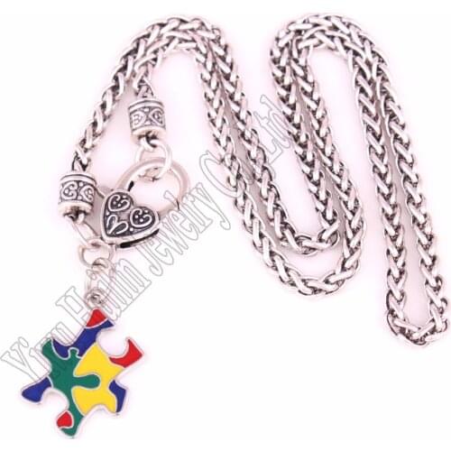 Autism Hope Jewelry enamel colors puzzle Piece Pendant with Wheat link Chain necklace Autism Awareness Jewelry Drop shipping