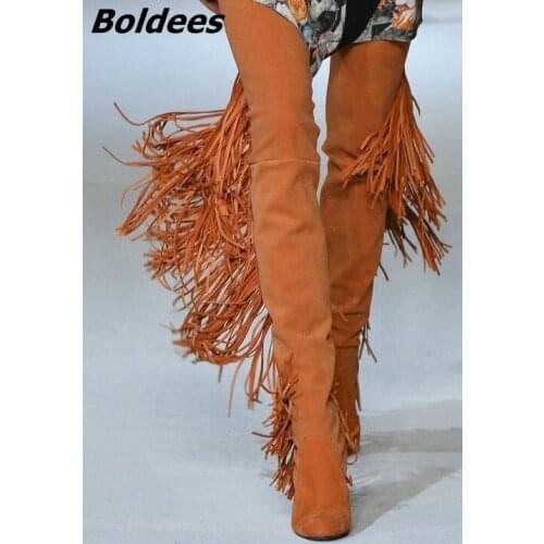New Trendy Design Women Chic Brown Fringe Block Heels Thigh High Boots Round Toe Chunky Heel Tassel Fashion Long Boots Best Sell
