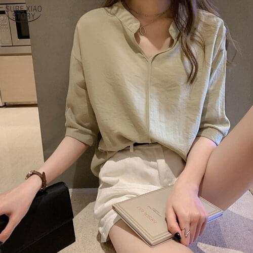 Solid Plus Size Loose Women Tops Casual V-neck Chiffon Blouses Blusas Mujer De Moda 2021 Elegant White V-neck Shirts 10240