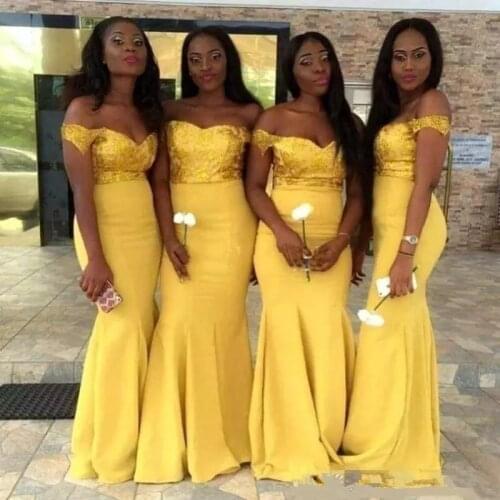 2020 Yellow African Mermaid Bridesmaid Dresses Off Shoulder Lace Top Long Garden Country Wedding Guest Gowns Maid Of Honor