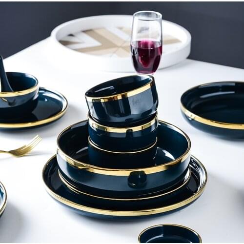 Luxury Blue Porcelain Dinnerware Set Ceramic Tableware Plates Dishes Bowl Set 1/2/4/6/8 Person Dining Set for Hotel Restaurant