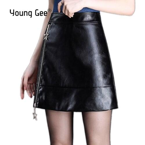 Young Gee Young Gee Spring Winter New 2021 Designer Women Black PU Leather Skirt A-Line Zippers Short Skirts Front Zipper Skirts