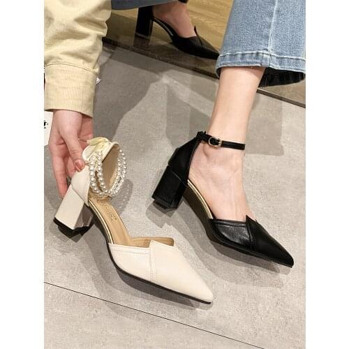 Single shoes women spring and autumn 2021 new style Korean lady style fashion pearl buckle casual pointed high heels