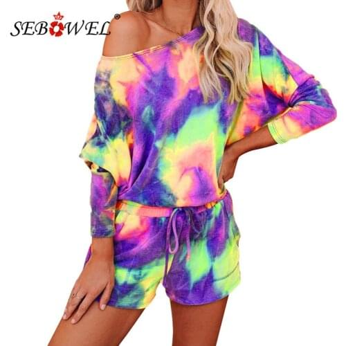 SEBOWEL Casual Woman Sports Print Tie-Dye Two Piece Set Summer Female Long Sleeve T-shirt + Shorts Loose Style Outfits S-XXL