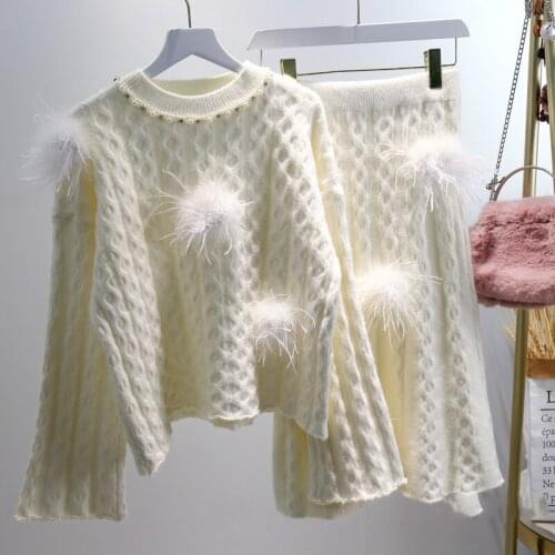Two Piece Sets Womens Knitwear Winter New Female Clothing Wool Ball Beaded Sweater with Skirt Socialite Elegant Lady Outfits