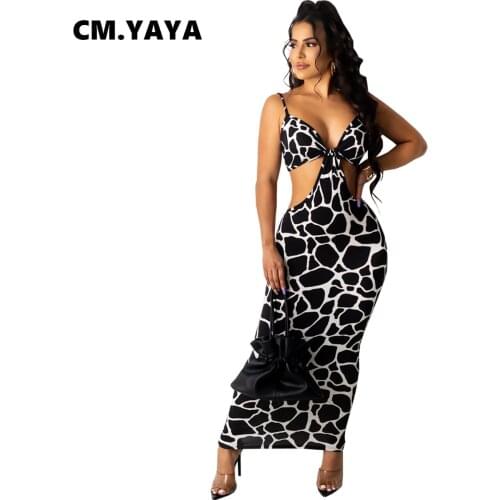 CM.YAYA Women Long Dress Print Sleeveless Strap V-neck Hollow Out Stretchy Bodycon Pencil Maxi Dresses Sexy Clubwear Summer