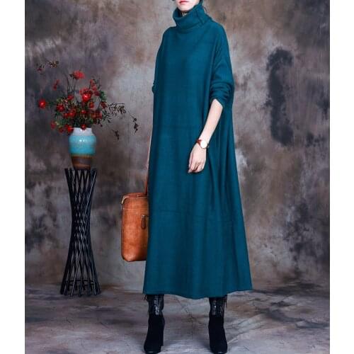 Women Autumn Winter Knitted Bat Sleeve Dress Ladies Solid Color Loose Dress Female 2021 Dress