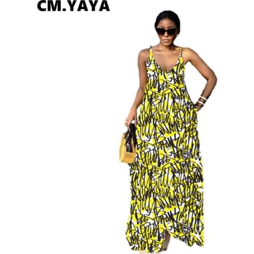 CM.YAYA Women Long Dress Print Sleeveless Strap V-neck Loose Maxi Dresses with Pockets Sexy Fashion Vestidos Summer Outfits 2021