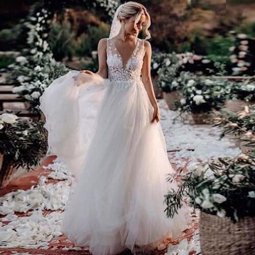 Sexy Wedding Dresses Tulle Appliques V-Neck Sleeveless Backless Ball Bridal Gowns Novia Do 2021 New Party