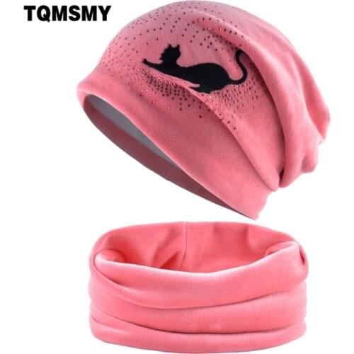 Winter Hat Scarf Sets womens Beanies Knitted wool Skullies Hip Hop cap Rhinestone cat gorros Plus velvet warm hats for women