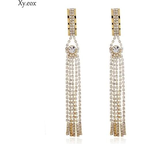 1pairs Shining Rhinestone Beaded Chain Tassel Earrings For Women Long Metal Statement