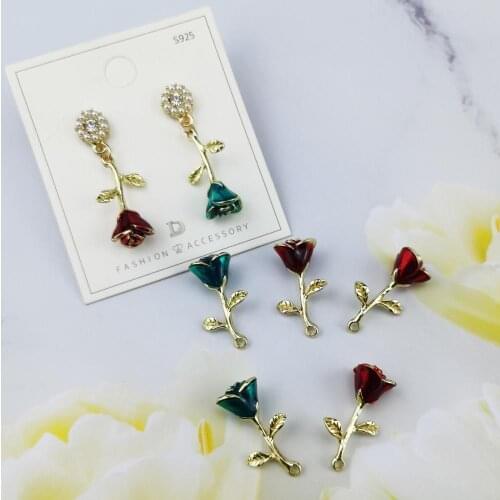 10pcs Rose With Green Leaves Enamel Metal Charms Flowers Earring Pendant Fit DIY Bracelet Jewelry Accessories Lover Gifts FX113