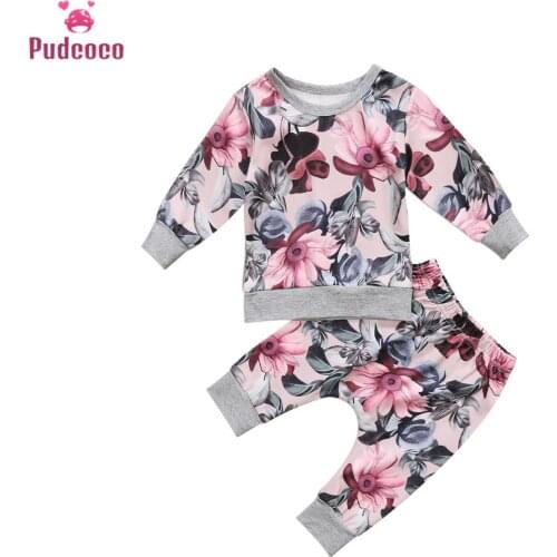 2019 Autumn Winter 2pcs Baby Clothing Newborn Infant Baby Girls Long Sleeve Print T-shirt Tops+Floral Pants Outfits Set