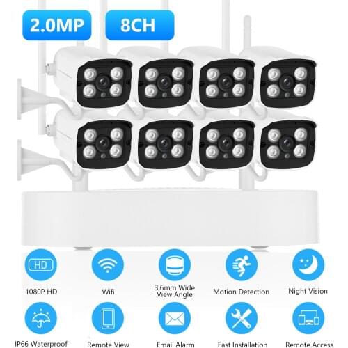 8CH 1080P Wireless Security Camera System, 8Channel 1080P CCTV NVR + 8PCS 1080P 2.0MP Indoor Outdoor Surveillance IP Cameras
