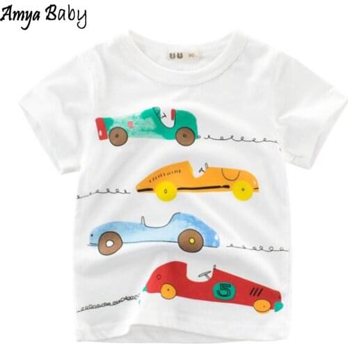 Amya Baby Boys Short Sleeve 2020 Kids Tshirt White Color Car Print Birthday Toddler Boy Tshirt Cotton Children Summer Clothing