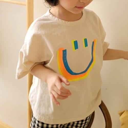 2021 Summer New Kids T-shirt Korean Smile Boys Tees Cotton Loose Girls Tops Casual Short Sleeve Children Clothes