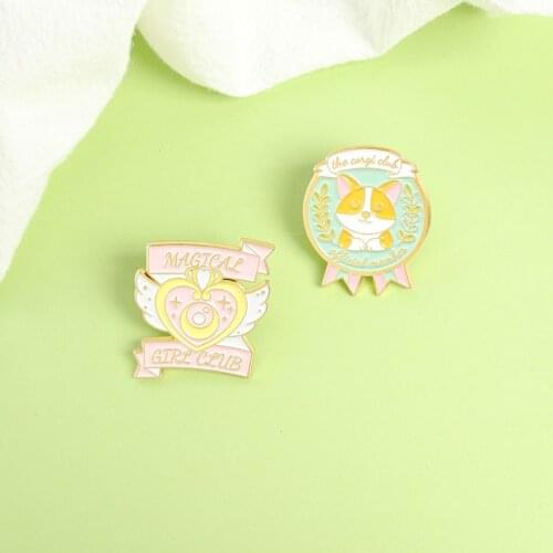 Corgi Enamel Pins Heart Moon Wing Magical Girl Wand Badges Brooches for Women Kids Children Dog Puppy Lover Gifts Wholesale