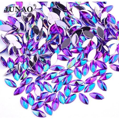 JUNAO 7x15mm Glitter Dark Purple AB Flatback Horse Eye Rhinestone Acrylic Decorative Crystal Stones Non Sewn Bead for Handicraft