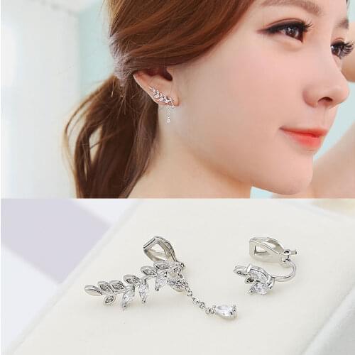 Classic Fashion Geometric Asymmetry Leaves Zircon Rhinestones Non Pierced Earrings Korea Charm Clips Earrings for Girl Jewelry