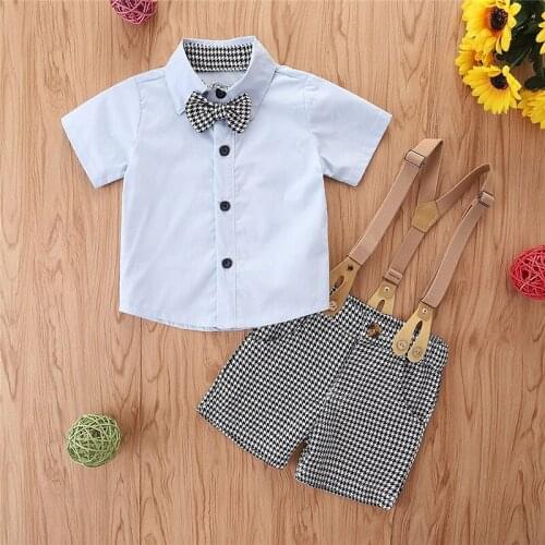 Little Gentleman Infant Kids Baby Boy Short Sleeve Bow Shirt Tops Suspender Shorts Bottom 2PCS Children Boys Clothes Set