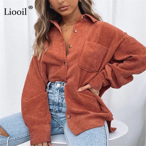 Brown Corduroy Baggy Cardigan Jacket Women Fall 2021 Turndown Collar Button Up Pockets Streetwear Loose Thin Coats And Jackets