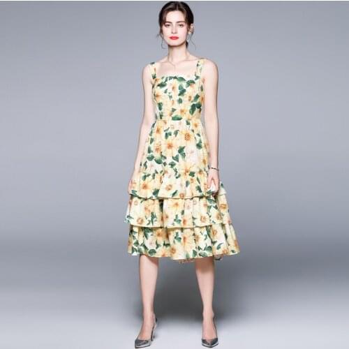 Menahem 2021 Summer Boho Floral Dress Womens Spaghetti Strap Backless Camellia Flower Print Cascading Ruffles Beach Midi Dress