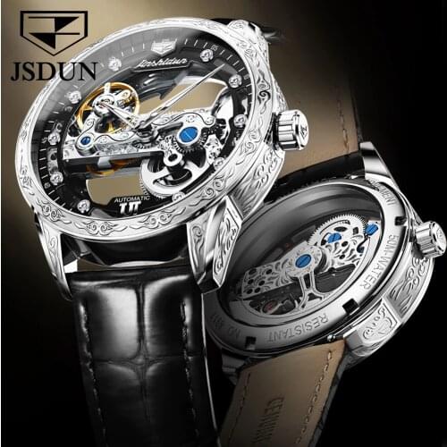 JSDUN Men Mechanical Watch Automatic Movement 50M Waterproof Leather Strap Sapphire Mirror Skeleton Design Watch For Men