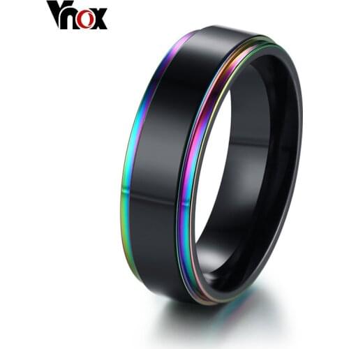 Vnox 6mm Black With Rainbow Edge Mens Wedding Band Ring Stainless Steel Classic Simple Male Jewelry Statement Alliance
