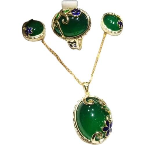 Natural Ice Color Chalcedony Jewelry Three-piece Set Gold Jade Inlaid Ring Ear Stud Pendant Green Chalcedony Set