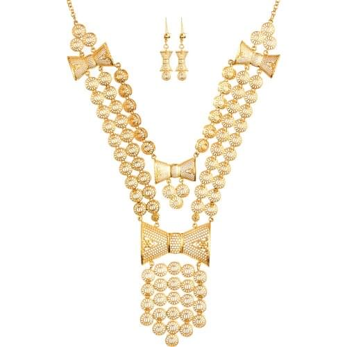 No Faded Allah Muslim Arabic Islam Necklace Long Gold Color Hollow Link Chains Turkish Middle East Earring Bow-knot Jewelery Set