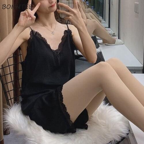 Pajama Sets Women Simple Sexy Stylish Female Patchwork Lace Casual V-neck Sleepwear Daily Elegant Ulzzang 2pcs Sleeveless Chic