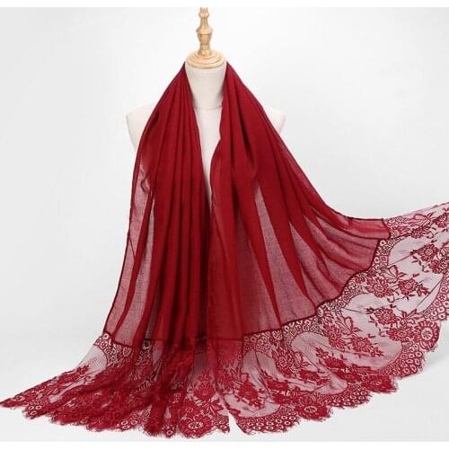 Popular Long Lace Patchwork Scarf Hijab Plain Color Party Wedding Hijabs Lady Head Scarves Muslim Islamic Turban Shawl Pashmina