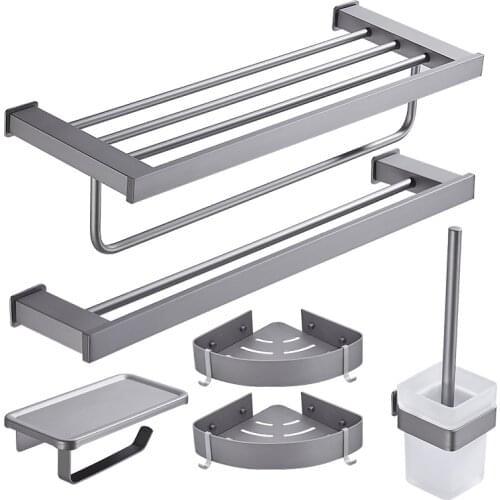 Luxury Gray Bathroom Towel Rack Punch-free Bathroom Towel Shelf Metal Paper Holder Robe Hook Bathroom Hardware Pendant Set