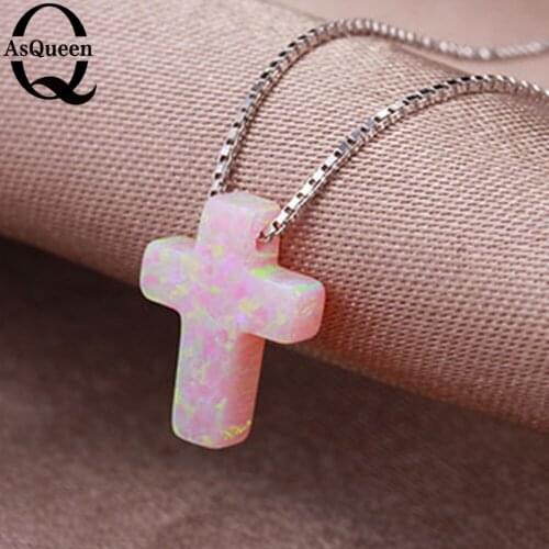 Pink 9mm*12mm Fire Hamsa Opal Pendant Cross Shape silver Box Chain Necklace Fine Jewelry for Women