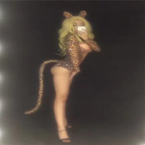 S47 Ballroom Cat costumes stage show jumpsuit Leopard print bodysuit singer performance outfit dj disco dress party bar clothe