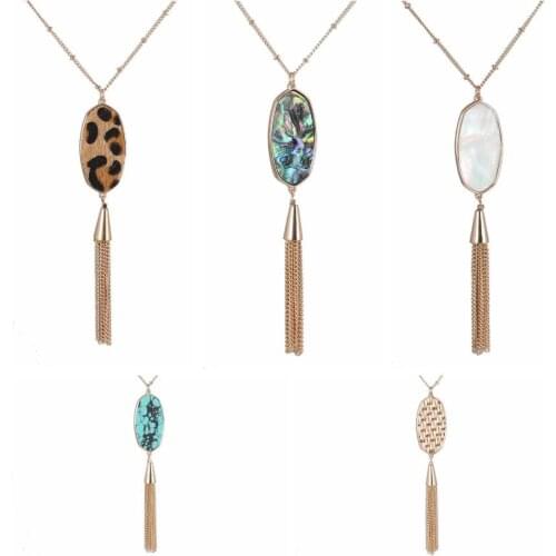 Modern Abalone shell Leopard Oval Pendant Necklace Tassels Long Chain Necklaces Women Jewelry