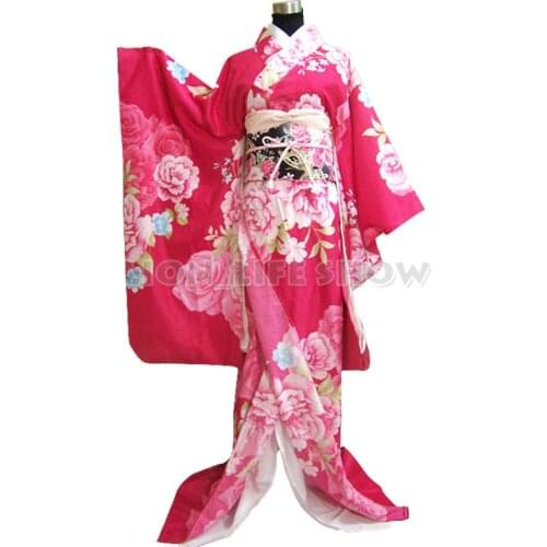 Japanese Traditional Furisode Rose Pink Kimono Dress Lady Floral Cosplay Costume
