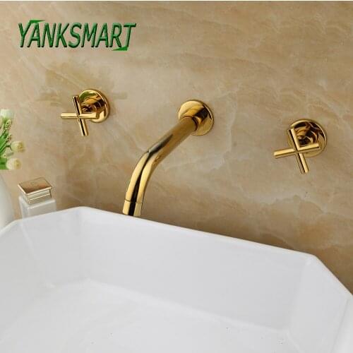 YANKSMART 3 Pcs Golden Polished Bathroom Basin Sink Faucet Wall Mounted Dual Handle Faucets Cold And Hot Mixer Water Tap