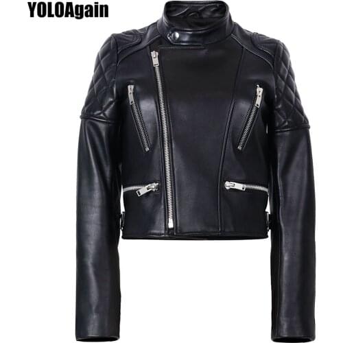 YOLOAgain Women Stand Collar Short Genuine Leather Jacket Biker Jacket