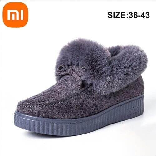 Xiaomi Mijia Women Ankle Boots Winter Warm Plush Suede Leather Snow Boots Round Toe Bowknot Fluffy Fur Flat Platform Boots