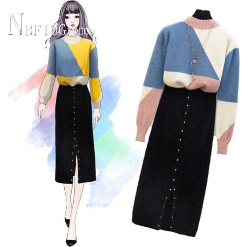 Women Sets Lazy Style Knitting Autumn Winter Sweater And Skirt Female Sets