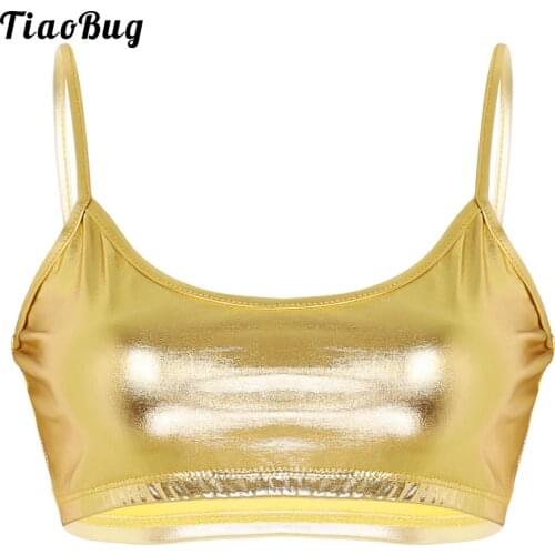 Women Shiny Metallic Spaghetti Straps Deep U Neck Camisole Sexy Crop Tops Adult Nightclub Party Festival Rave Costume Dance Wear