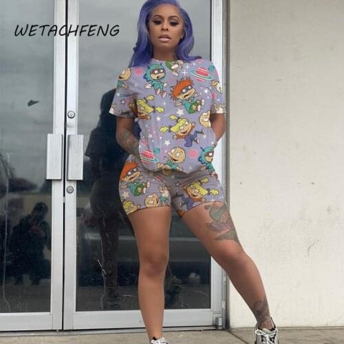 2 Piece Set Women Summer Biker Shorts And Tops Tracksuit Cartoon Anime Print loungewear Fitness Outfits Plus Size Female Clothes